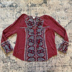 Lucky Brand | Boho Tassel Tie Front Paisley Print Long Sleeve Peasant Top Sz XL